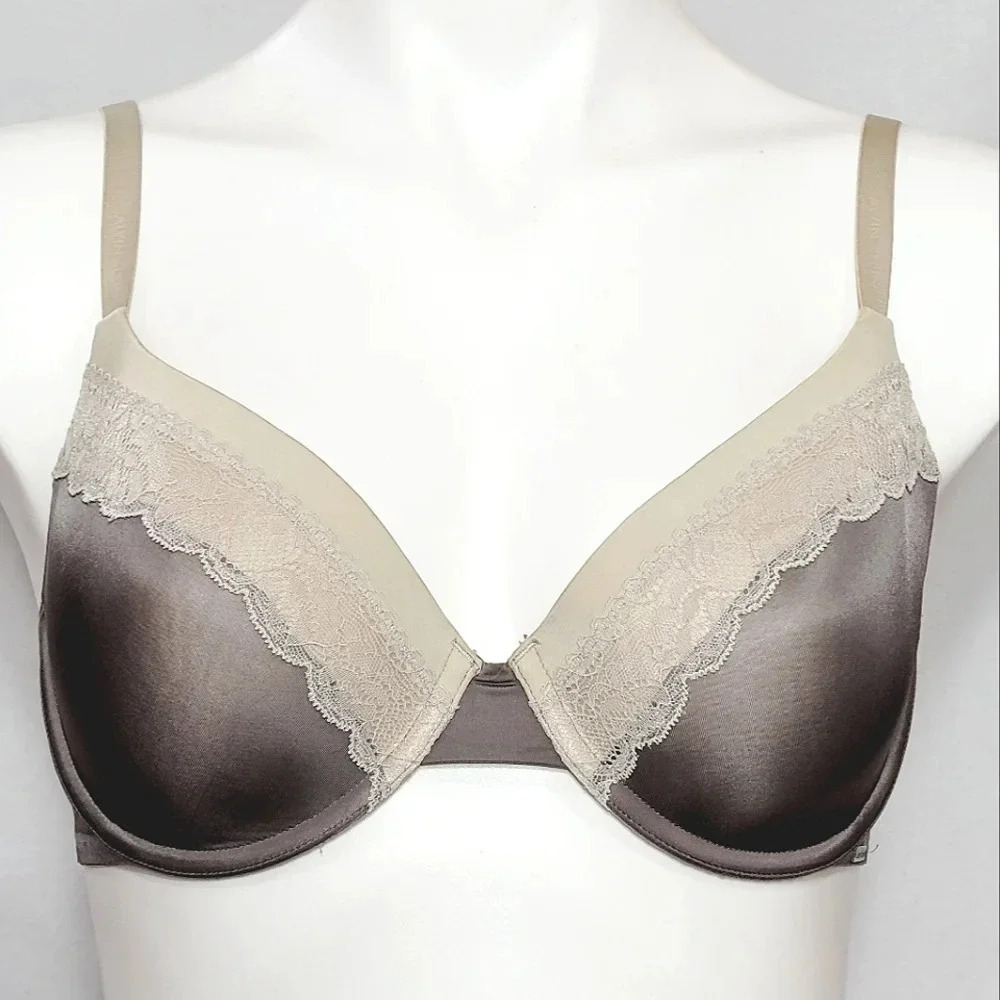 34D Calvin Klein F3307 Tonal Roses Lace Trim Demi Underwire Bra Taupe‎